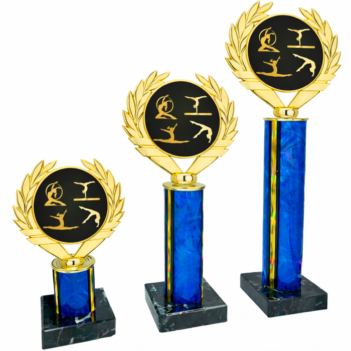 BLUE FEMALE GYMNASTIC COLUMN TROPHY WITH MODERN ACRYCLIC CENTRE MOUNTED ON PLASTIC LAUREL LEAF - 3 SIZES